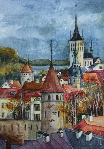 Autumn Rooftops of Tallinn de Kateryna Zdravcheva, Obra en papel a la venta en Singulart