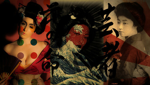 Three Geishas and One Hokusai Tsunami Wave. Original photography by Thomas Dellert par Thomas Dellert, Photographie en vente sur Singulart
