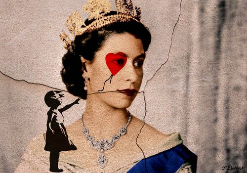 Farewell to Love and a real Queen     ( after a wall art work by Banksy ) van Thomas Dellert, Afdruk te koop op Singulart