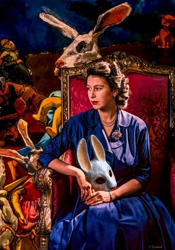 Elizabeth in Wonderland  or The Queen  and the White Rabbit    ( inspired by Lewis Caroll's writings ) par Thomas Dellert, Photographie en vente sur Singulart