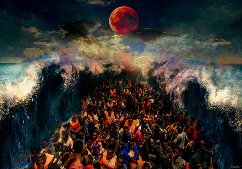 The crossing of the Red Blood Moon Sea        ( comes in antique hand built Florentine frame )   ( inspired by the story of Moses in the Bible ) par Thomas Dellert, Digital en vente sur Singulart