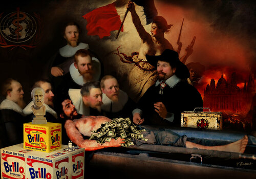 WHO ?  is profiting on pandemics ?    ( after artworks by Rembrandt, Delacroix and Warhol ) par Thomas Dellert, Digital en vente sur Singulart