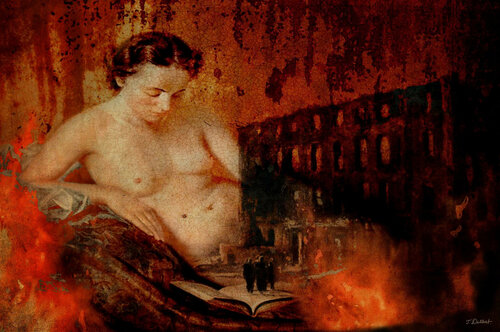 Die Untergang.   ( comes in antique hand built Florentine frame ) after a painting by Adolf Ziegler    ( the little family standing in the middle of the History Book while the world around them is burning ) par Thomas Dellert, Digital en vente sur Singulart
