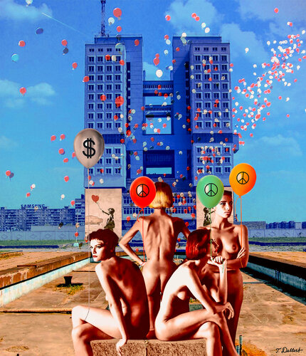 Naked with Balloons for Peace ( Le mille bolle blu - "99 Luftballons" (English: 99 balloons) di Thomas Dellert, Fotografia in vendita su Singulart