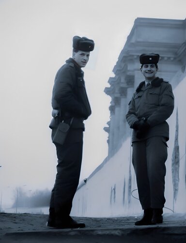 Two DDR east Berlin wall guards 1989 di Thomas Dellert, Fotografia in vendita su Singulart