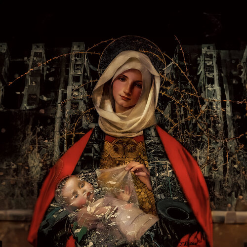 Ukrainian Baby Jesus being born in the ruins of the war. van Thomas Dellert, Digitaal te koop op Singulart
