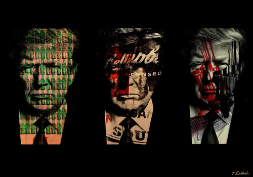TRUMP POP ART TRIPTYCH .     Dollar-bills Campbells sup and Guns di Thomas Dellert, Fotografia in vendita su Singulart