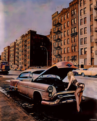 Pamela Anderson fixing her car .    In her own designer  FF stockings  made by Secrets in Lace par Thomas Dellert, Photographie en vente sur Singulart