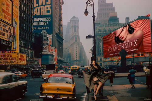 Dita in the corner of 47th in 1947 Time Square Magic Thomas Dellert