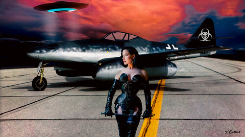 Dita the Futuristic Woman with her Messerschmitt 262 par Thomas Dellert, Photographie en vente sur Singulart