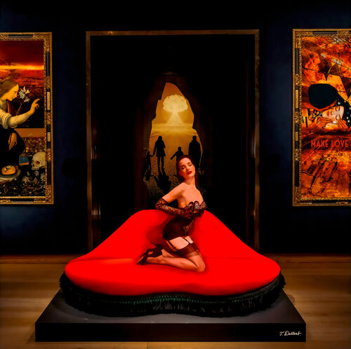 "Make Love Not War".  Dita in Dali's lip sofa with  Anti War art by T Dellert par Thomas Dellert, Photographie en vente sur Singulart