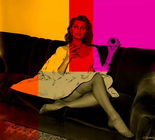 Sophia Loren at her home in her sofa in Fully Fashioned seamed stockings Thomas Dellert