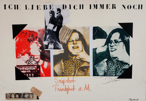 Last Portrait of Gudrun Ensslin  R.A.F.   ONE OF A KIND hand printed silkscreen and Collage on Murillo paper  1980 de Thomas Dellert, Impresión a la venta en Singulart