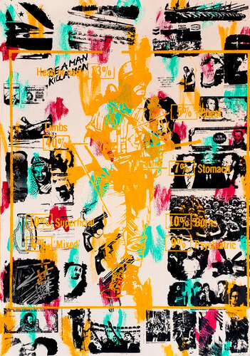 Camouflage Man .  The Most complexed of all hand printed silk screens made for Warhol in 1980s and one of the prints that gave Andy the ide to make his own colourful Camouflage prints with Joseph Beuys and Statue of Ligerty two years later . de Thomas Dellert, Impresión a la venta en Singulart