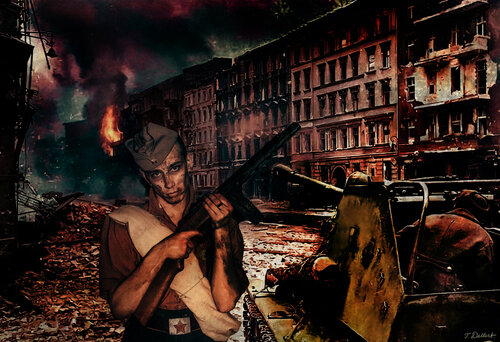 The Russians are coming  ! My son the actor Oscar Dellert portraying a Red Army hero in the battle of Berlin 1945 that cost 80.000 Russian soldiers lives , only in the last weak of the battle van Thomas Dellert, Fotografie te koop op Singulart