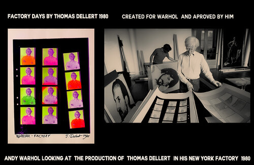Andy Warhol looking at  FACTORY DAYS. an  artwork made for him by Thomas Dellert  1980  ( Illustration not an artwork ) par Thomas Dellert, Photographie en vente sur Singulart