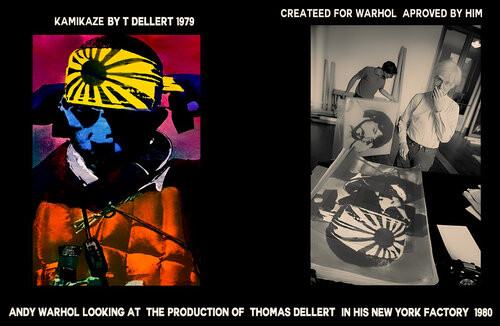 Andy Warhol looking at  KAMIKAZE  a hand printed silk screen made for him in 1979 (  Illustration Not an artwork ) Thomas Dellert
