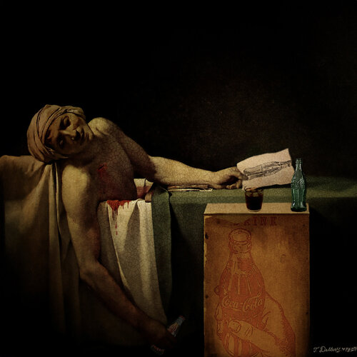 The Murder of the inventor of Coca Cola  ( after a painting titled The Death of Marat 1793 by Jacques-Louis David of the murdered French revolutionary leader Jean-Paul Marat.) van Thomas Dellert, Afdruk te koop op Singulart