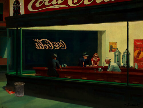 Nighthawks always drink Coca Cola            (  based on a painting by Edward Hopper) by Thomas Dellert, 인쇄 for Sale on Singulart