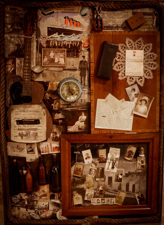 TITANIC  Collage on wood  with Titanic related objects  made before 1912 Thomas Dellert