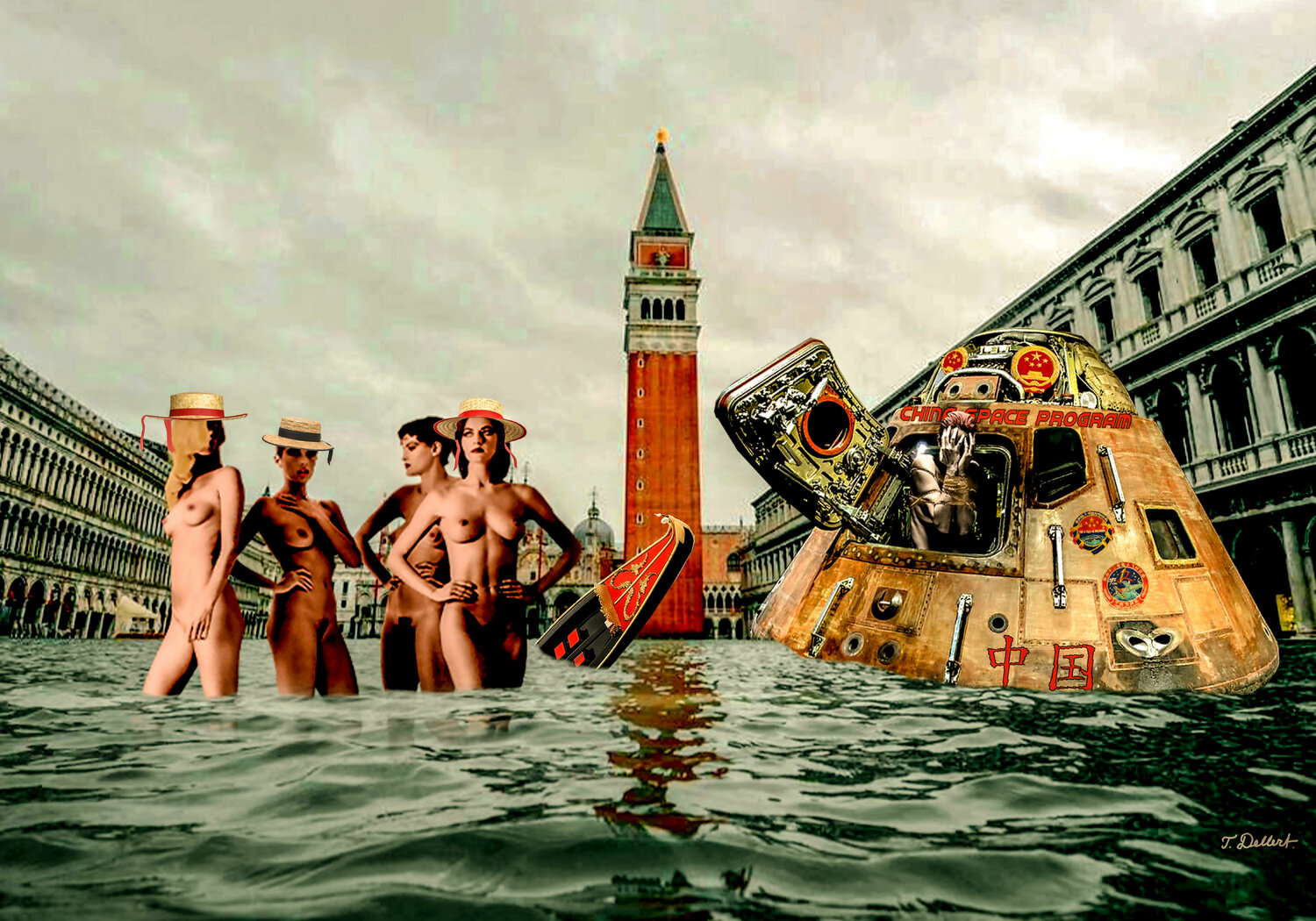 Naked on St Marcus Square  Venice under water Thomas Dellert