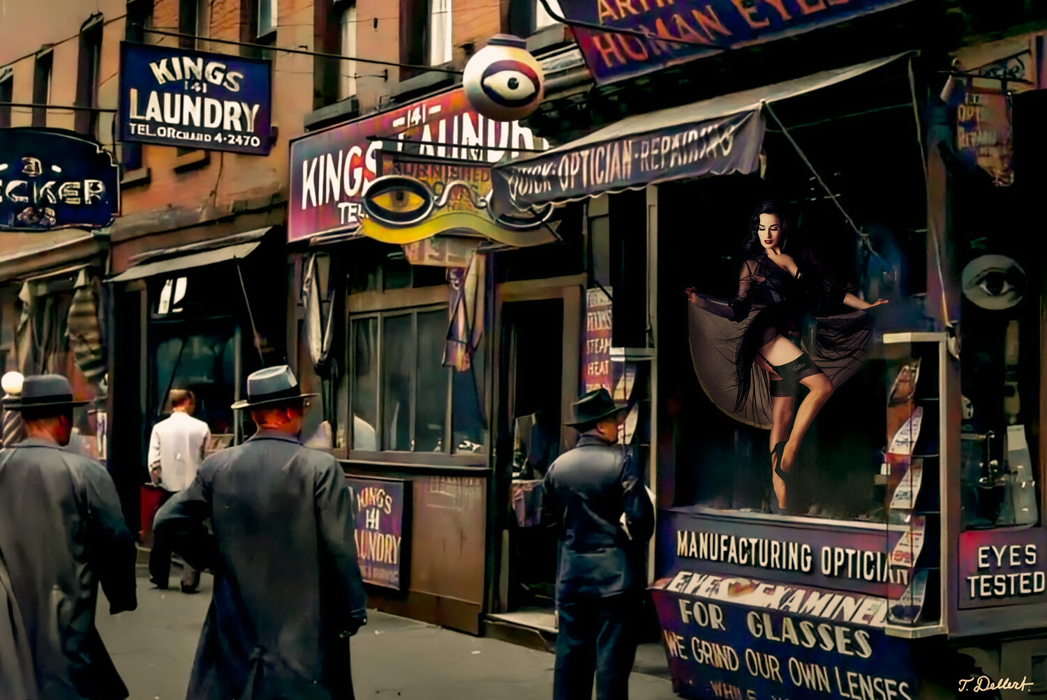 get DITA's Eye Test Today.  Dita posing in a shop window in New York Thomas Dellert Fotografia in vendita