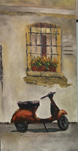 Vespa at Window di John Patrick, Pittura in vendita su Singulart