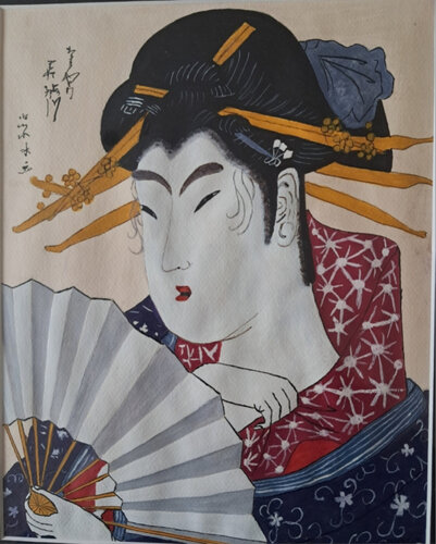 Geisha et son éventail di Michèle D, Opera su carta in vendita su Singulart