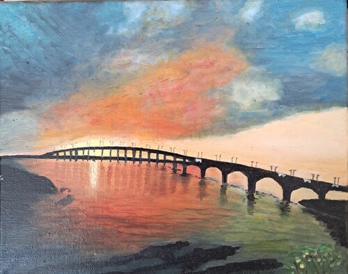 Coucher de soleil sur le pont de l'ile de Ré by Michèle D, Painting for Sale on Singulart
