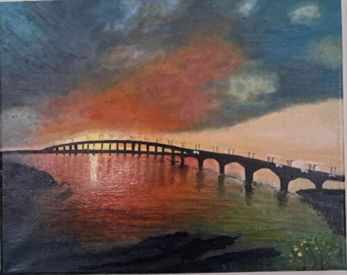 Coucher de soleil sur le pont de l'ile de Ré di Michèle D, Pittura in vendita su Singulart
