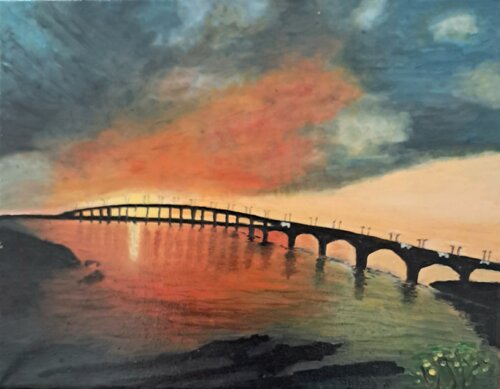 Coucher de soleil sur le pont de l'ile de Ré by Michèle D, 絵画 for Sale on Singulart