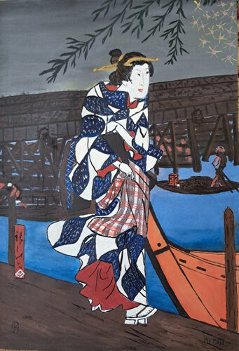 Geisha inspirée  par Hiroshige par Michèle D, Peinture en vente sur Singulart