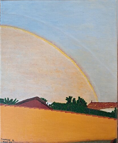 Arc en ciel au dessus d'une maison by Michèle D, Painting for Sale on Singulart