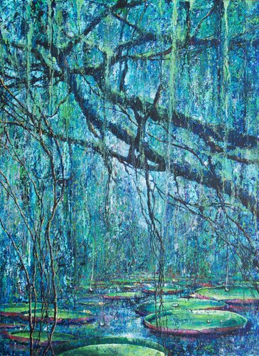 Lily Pads of the Blue Rainforest par Jorge A. Yances, Peinture en vente sur Singulart