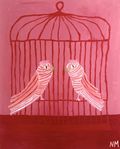 Two pink birds. di Nancy McKie, Pittura in vendita su Singulart