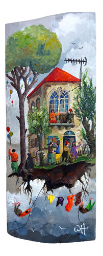 Above the clouds neighbors /teak wood di Wael Hamadeh, Pittura in vendita su Singulart