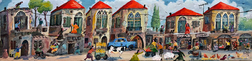Long village with blue car von Wael Hamadeh, Malerei kaufen auf Singulart