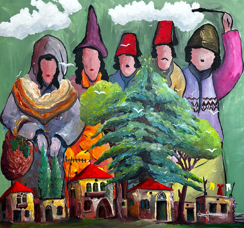 Lebanese family among cedars par Wael Hamadeh, Peinture en vente sur Singulart