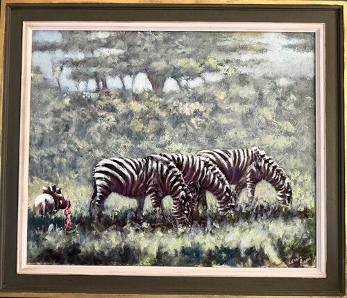 Kenyan zebras with cheeky warthog par Lucinda Roper, Peinture en vente sur Singulart