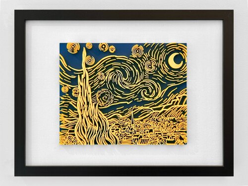 Starry Night Reimagined — Sculptural Relief in Motion Wall Art di Mihai Enescu, Stampa in vendita su Singulart