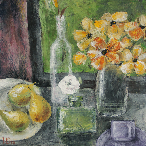 Still life (#15) with one white flower in a green bottle di Irina Bocharova, Pittura in vendita su Singulart