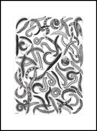Original Centipedes Drawing – Large Abstract Ink Illustration, 50x70 cm, Gel Pen on Paper, Black & White Organic Pattern Art van Ala Botnarescu, Tekening te koop op Singulart