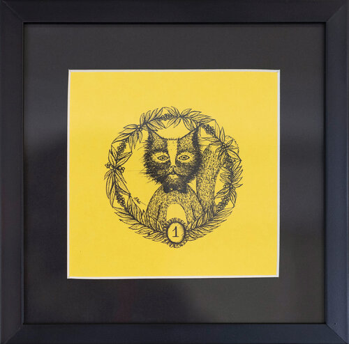 Original Cat Ink Drawing – Inktober 2025, Framed Gel Pen Artwork on Yellow Paper by Ala Botnarescu, Drawing for Sale on Singulart