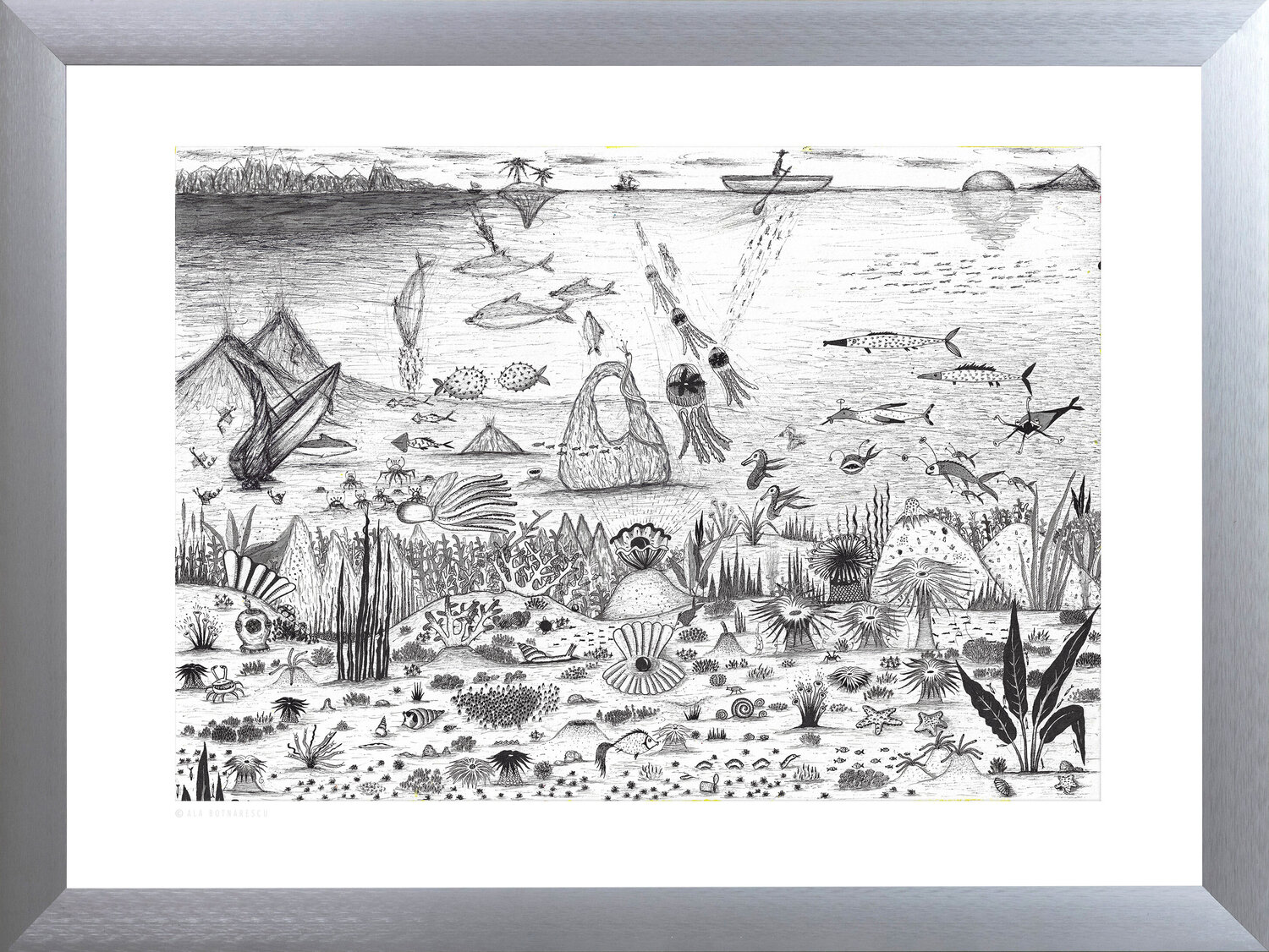 Ocean Drawing – Abstract Black and White Underwater Study 70x50 cm Ala Botnarescu Dibujo en venta