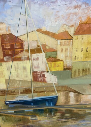 El barco de recreo y las casas de los pescadores par Rosa Ojosnegros, Peinture en vente sur Singulart