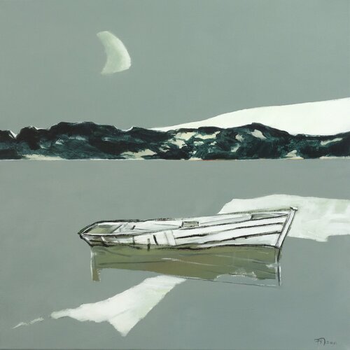 Mond über dem Fluss van Jürgen Büse Filzen, Schilderij te koop op Singulart