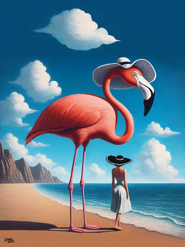 Rencontre onirique du Flamant rose et de la dame au chapeau de Kiká Gómez Ilian, Impresión a la venta en Singulart