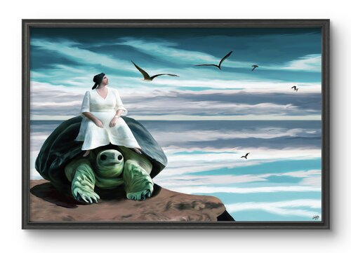 Old lady on turtle van Kiká Gómez Ilián, Afdruk te koop op Singulart