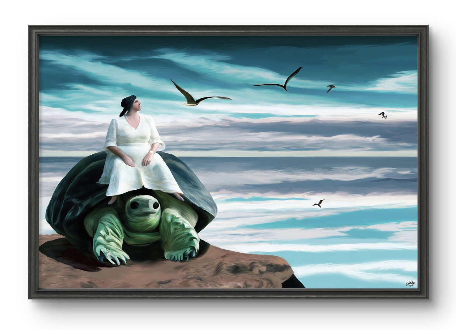Old lady on turtle Kiká Gómez Ilián Druck zu verkaufen