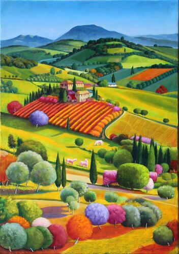 Landscape with Distant Houses di Kamal Hasan, Pittura in vendita su Singulart